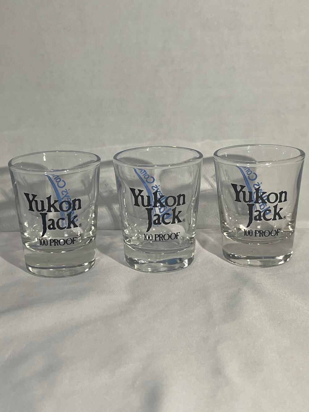 Yukon Jack 100 Proof Shot Glasses That's Cool Clear Barware Set of 3 Vintage